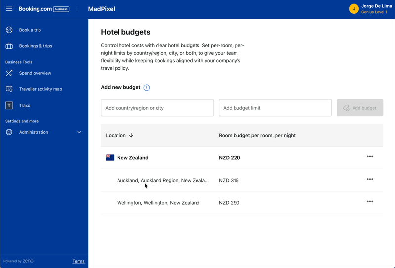 Adding a hotel budget for a new country: choosing the location, then the budget field switching to that country's local currency