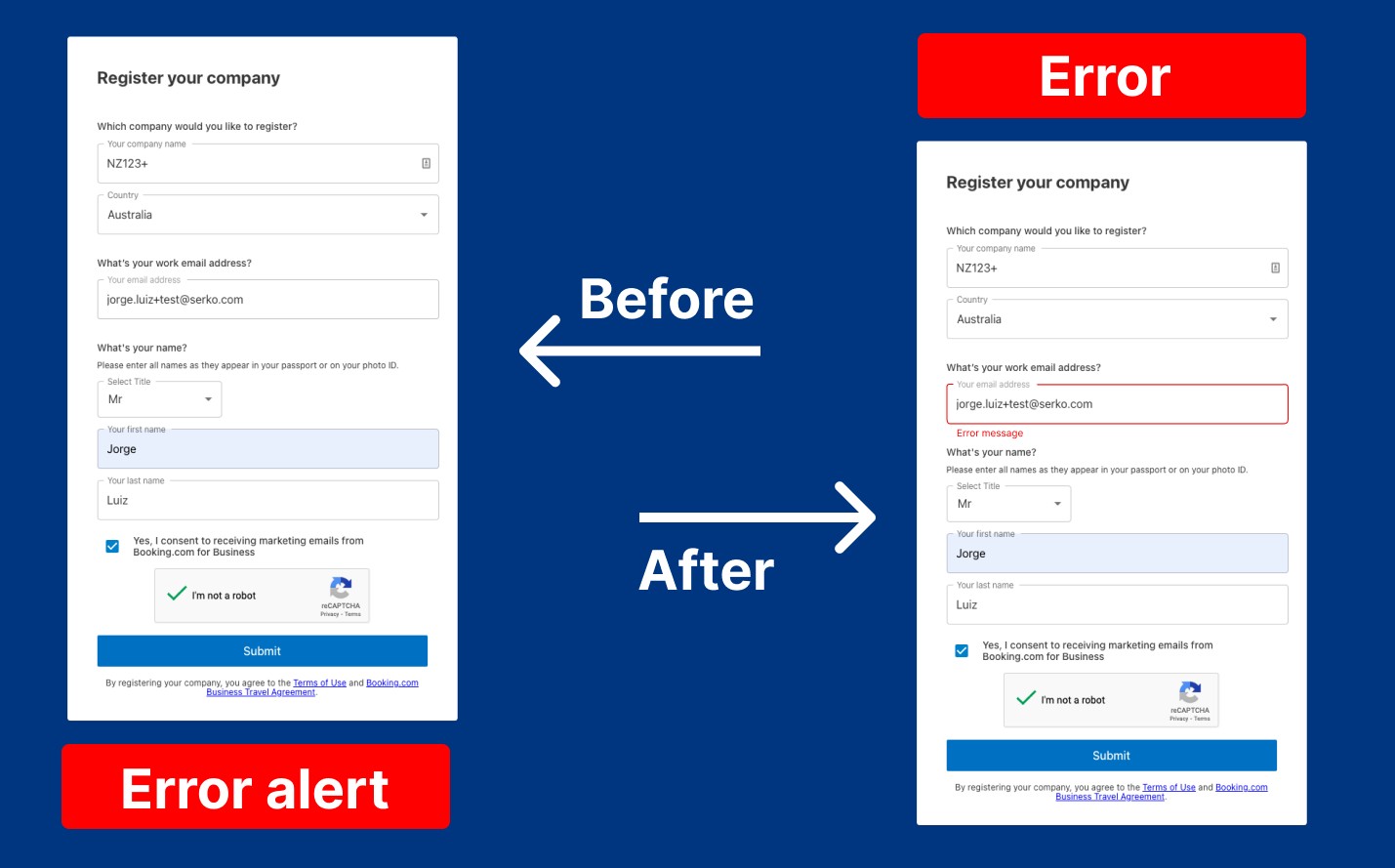 Legacy registration form before and after the error handling fix