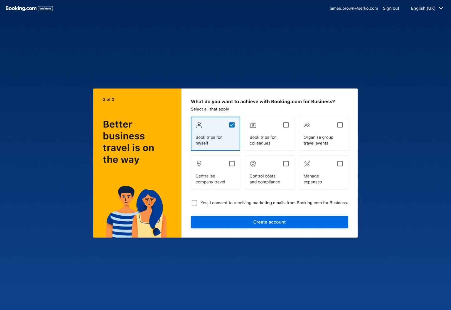 Last onboarding step: what do you want to achieve with Booking.com for Business