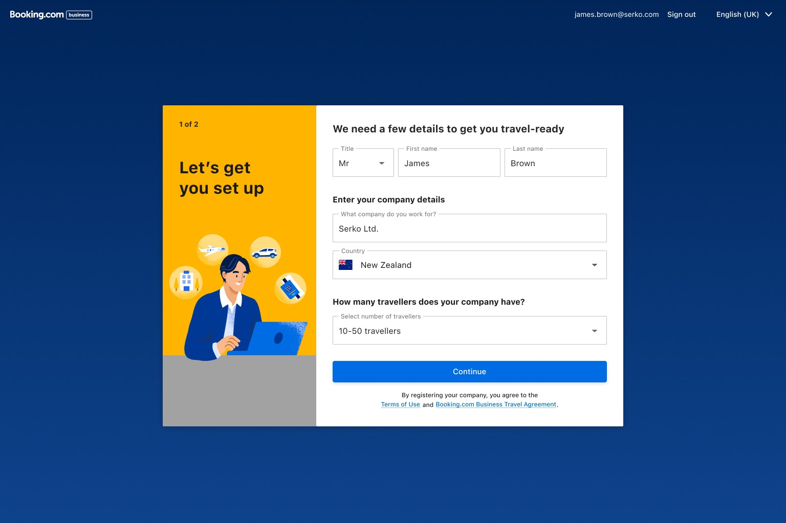 Booking.com for Business registration, step 1 of 2