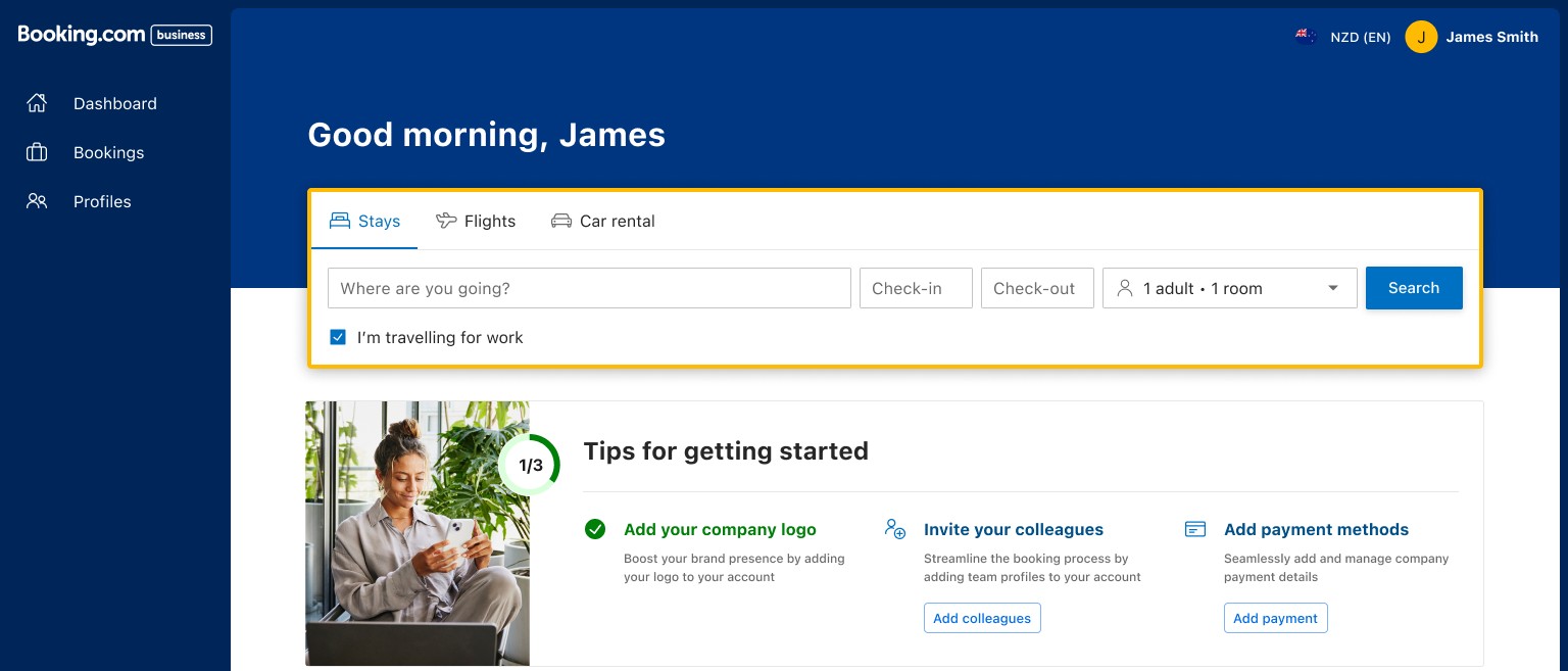 B4B dashboard with the Tips for getting started widget