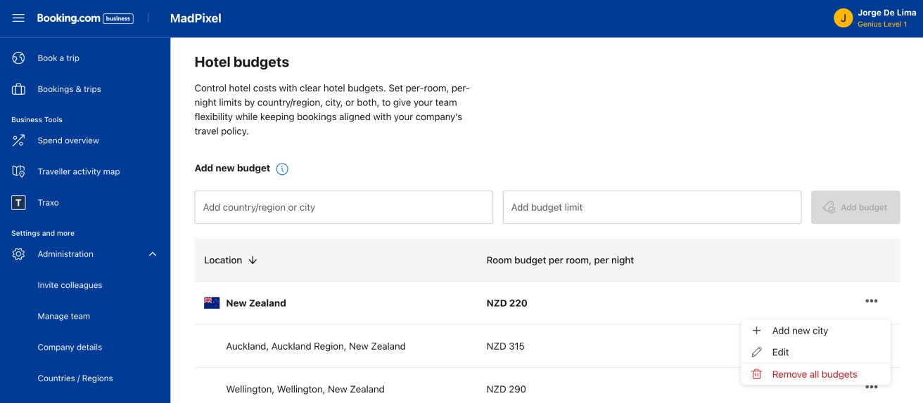 Budget overview dashboard with per-city budgets and row-level actions