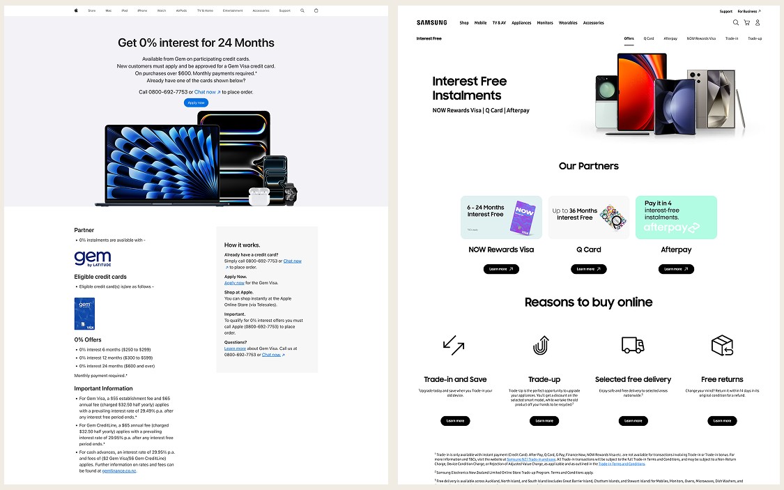 Apple and Samsung financing pages side by side