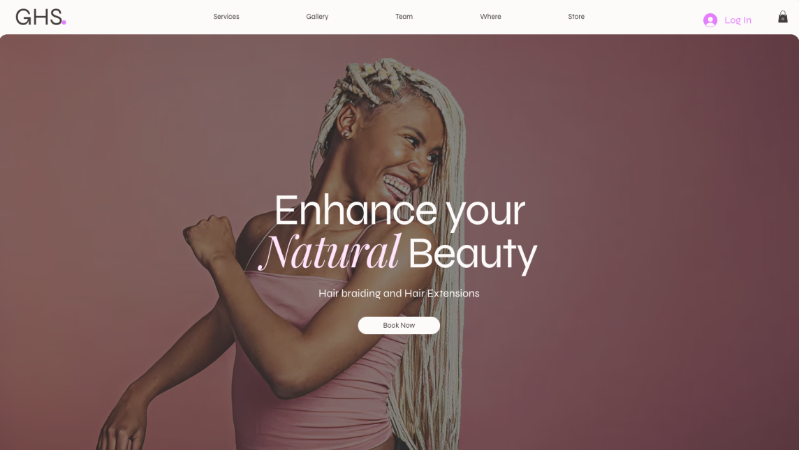 GHS salon website hero — “Enhance your Natural Beauty” with a booking call to action