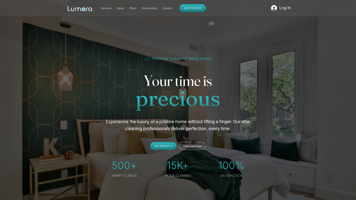 Lumora website hero — a styled bedroom with the tagline “Your time is precious”