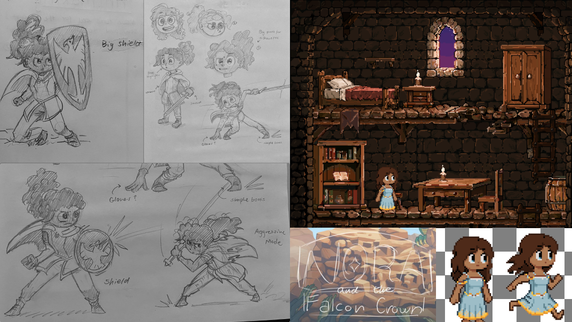 Nora and the Falcon Crown — character sketches, a pixel-art interior scene and sprite sheets