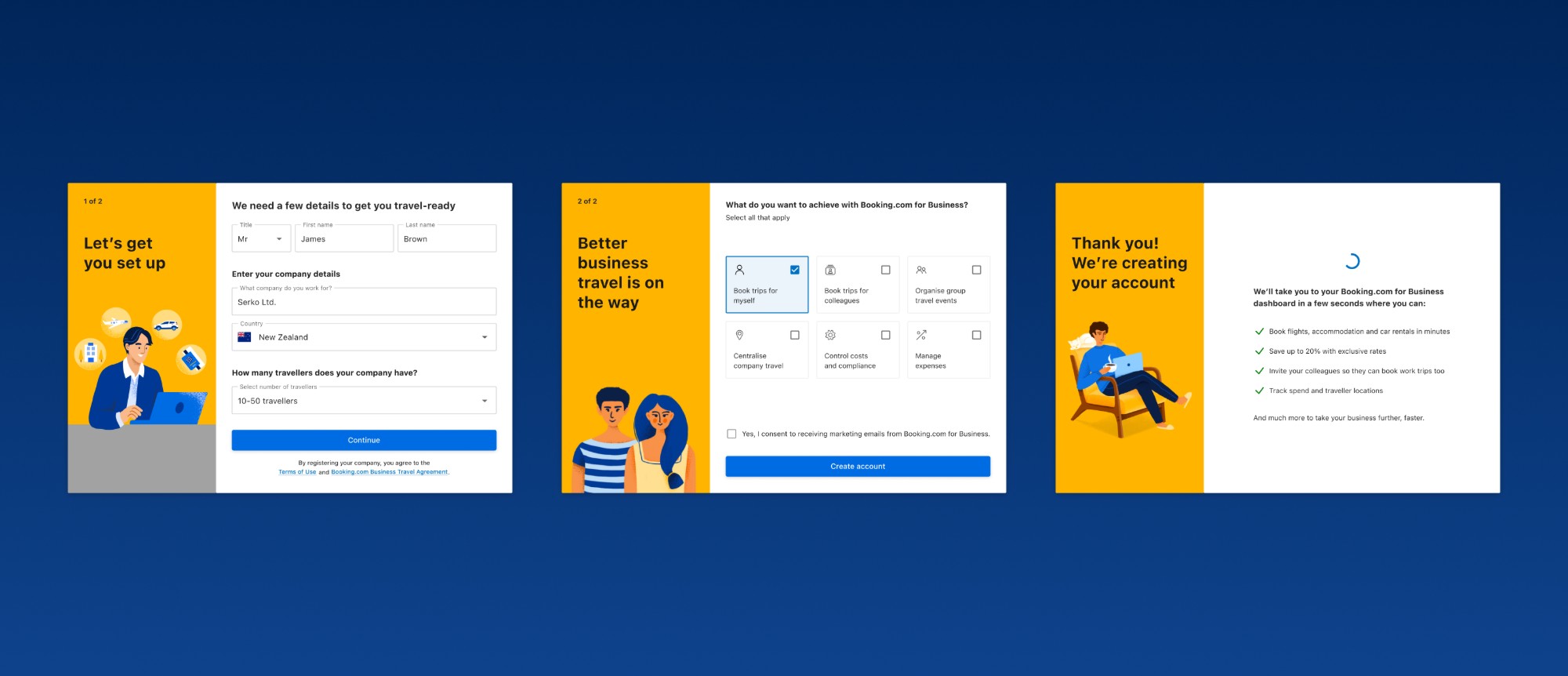Completed registration flow: details, goals, and account creation