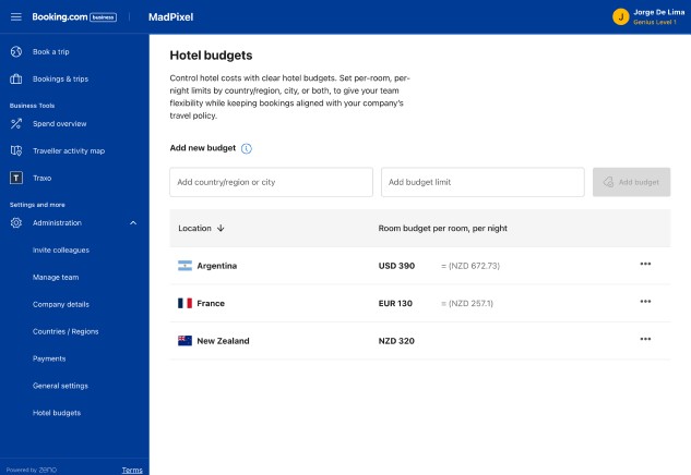 Redesigned hotel budgets screen with per-country hierarchy and currency conversion