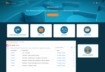 Original TicCompany client dashboard with a dense blue header and a small case list