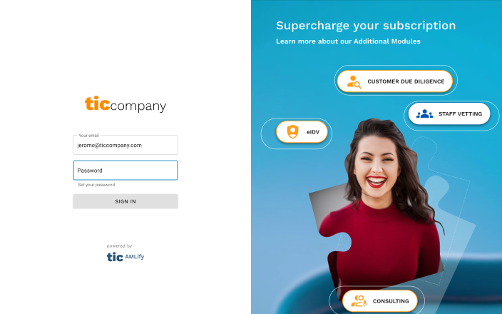 Redesigned TicCompany login page with a split layout promoting additional modules