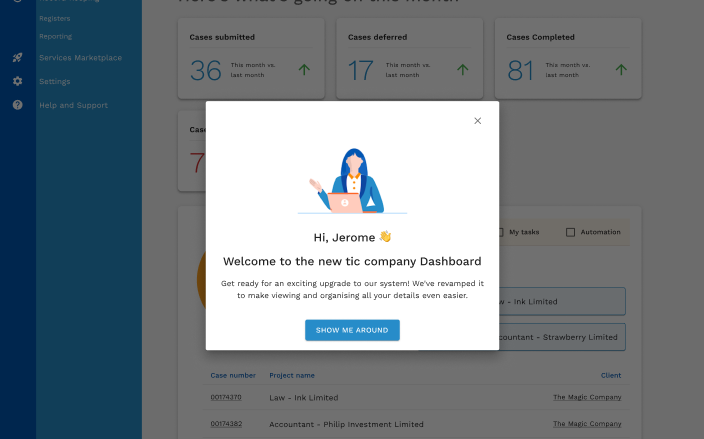 Welcome modal introducing the new TicCompany dashboard to a returning user